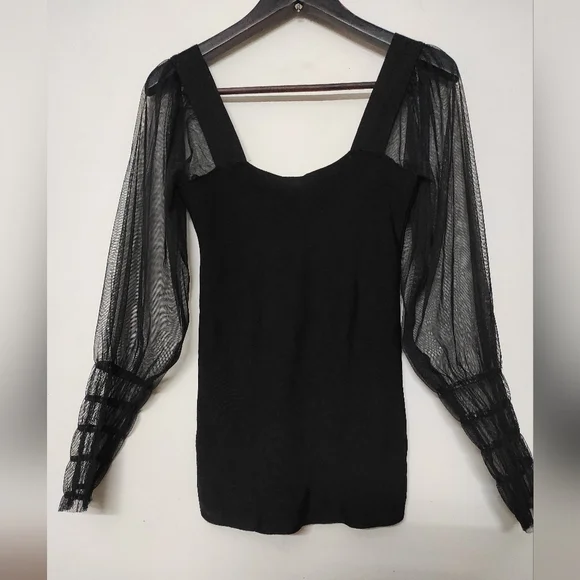MNG Black Puffed Mesh Sleeve Top - Picture 9 of 12